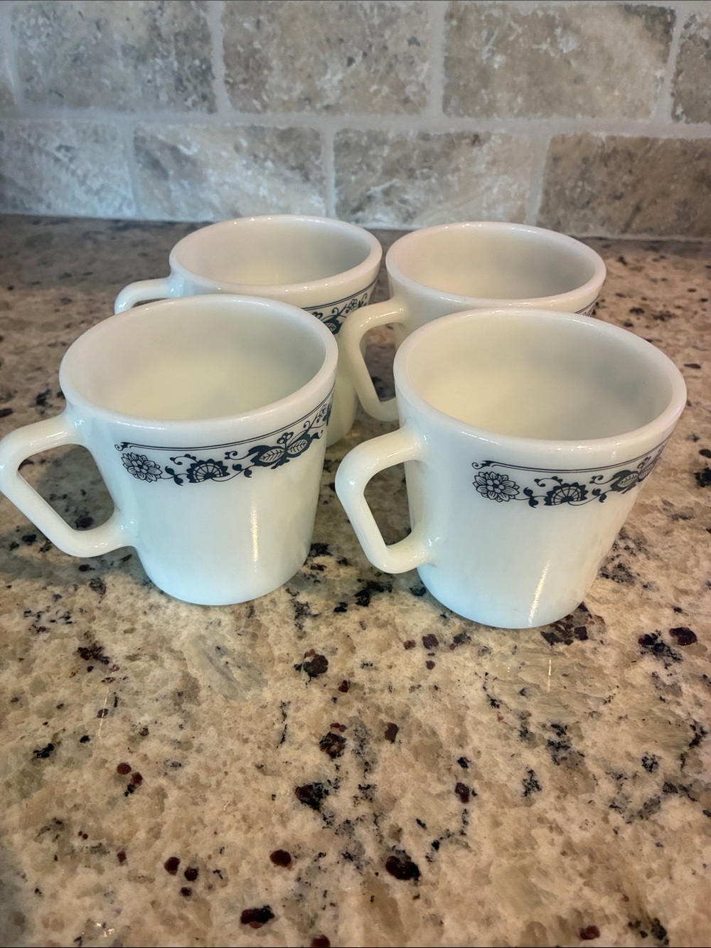 Pyrex White Mugs with Blue Floral Border - Set of 4
